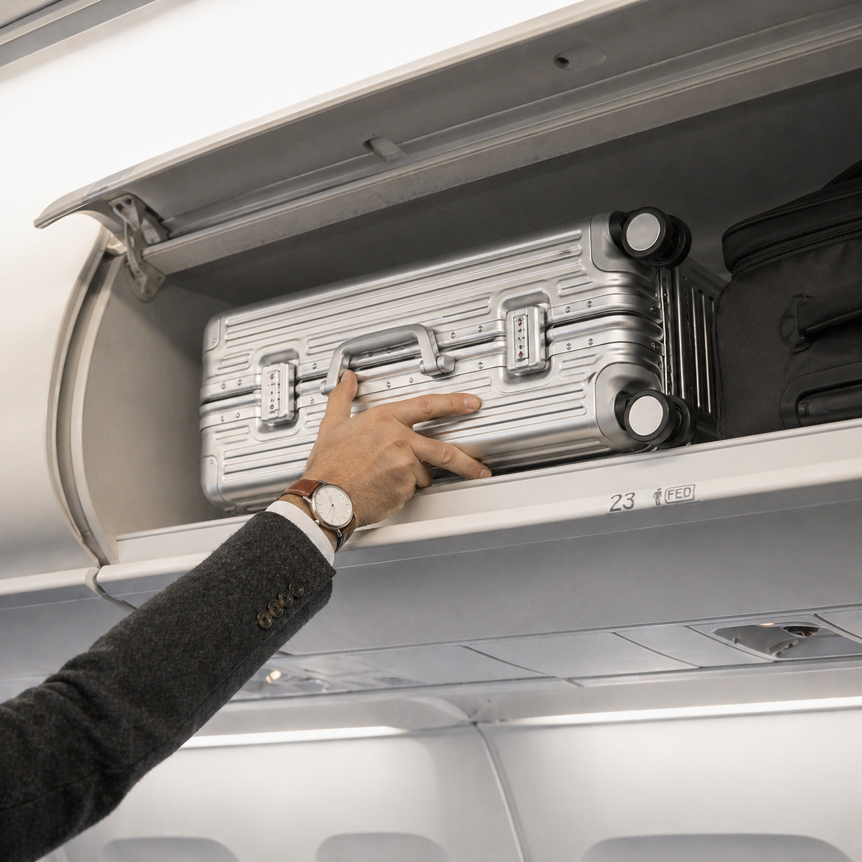 Business Pilot i overhead-bin på SAS A320, perfekt fit