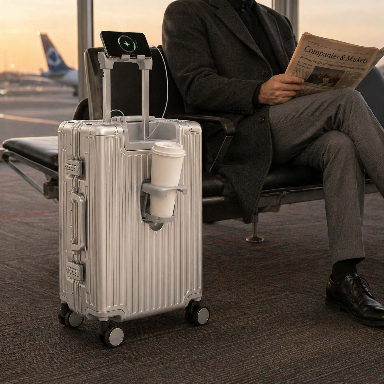 Telefon plugget i USB-A på siden af Business Pilot ved boarding-gate