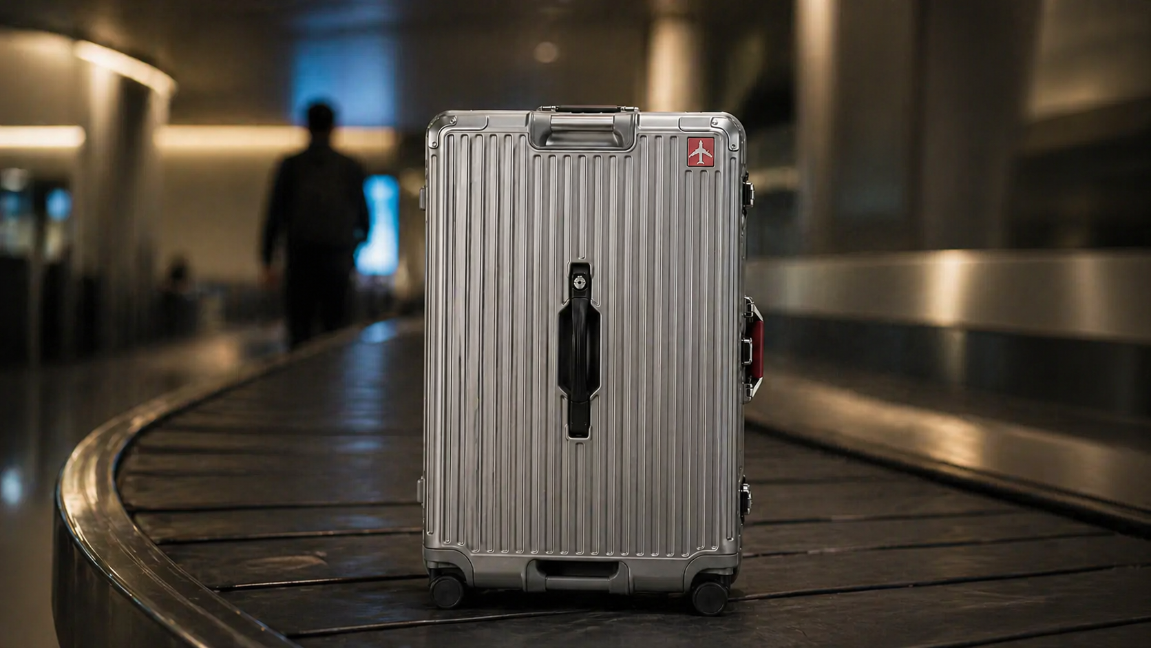 Shield Pro Antracit ved bagagebånd om natten i terminallys