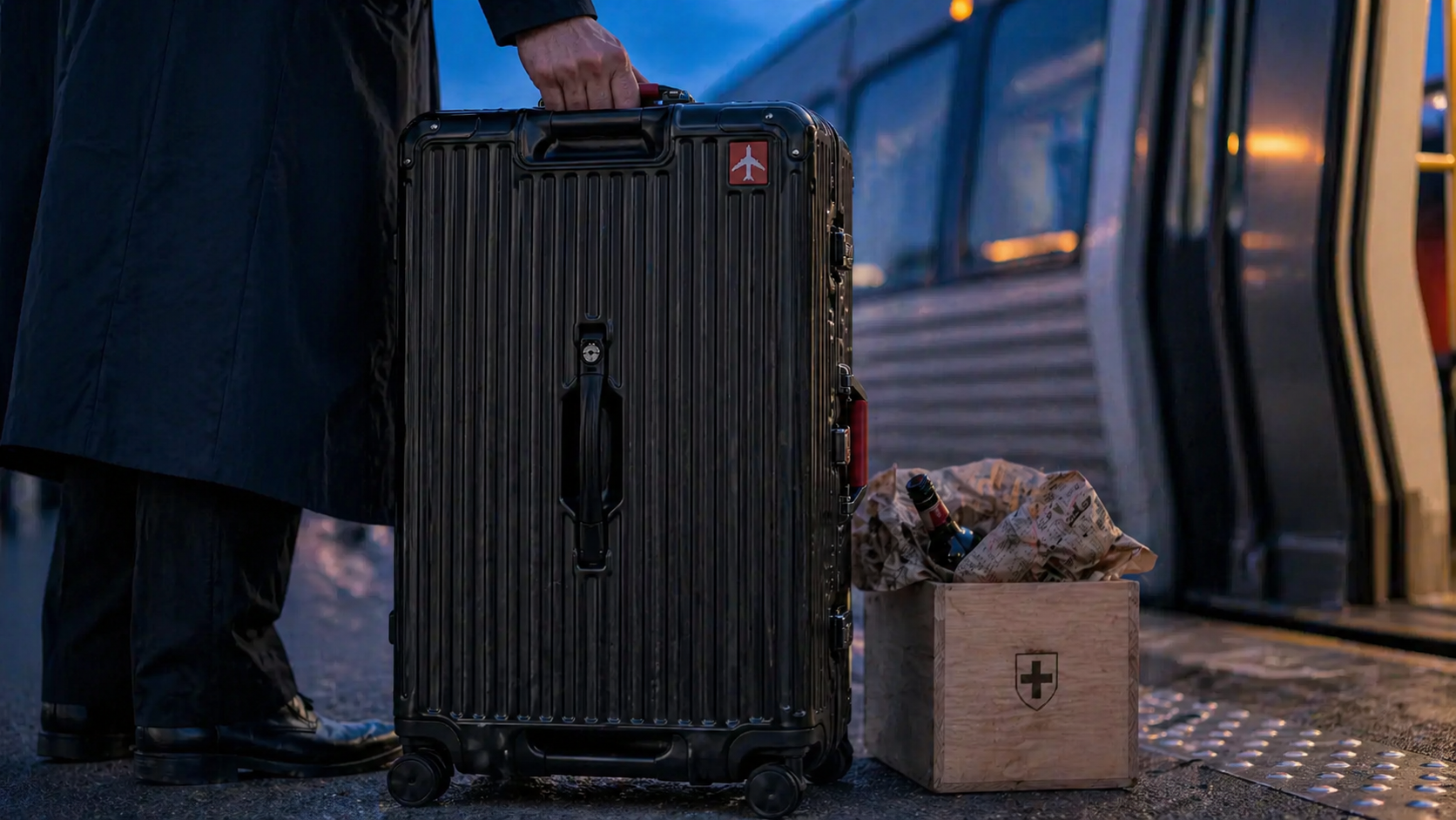 Shield Pro Sort lukket på CPH-perron, rejsetaske ved siden, schweizisk vinmærke synligt